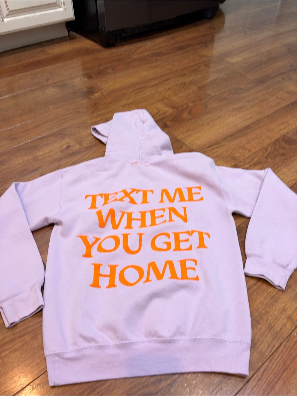 LONELY GHOST Lilac Hoodie with Orange Text - "TEXT ME WHEN YOU GET HOME" Small